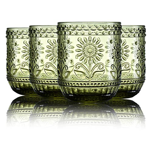 Floral Embossed Water Glasses 12 Oz, Vintage Drinking Glasses Set of 4, Colored Glass Tumblers (Green)