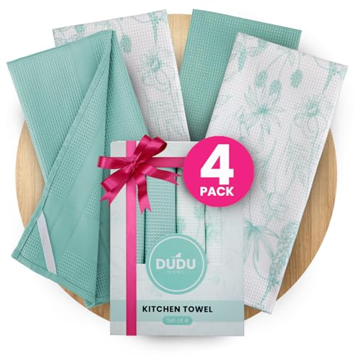DUDU Home Turquoise Green Kitchen Towels with Hanging Loop, Quick Dry Towel, Decorative Set of 4, Premium Waffle Weave Microfiber, Floral, 16 x 24, Country Rustic - color: Turquoise, style: Rustic