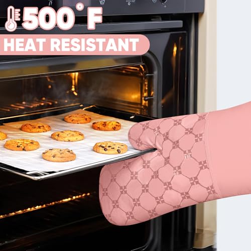 Oven Mitts Kitchen Towels Dishcloths with Pot Holders Sets 12PCS, Dish Towels Sets, Oven Gloves Pot Pads Heat Resistant 500 Degrees with Non-Slip Silicone Surface for Cooking Baking Grilling-Pink - color: Pink