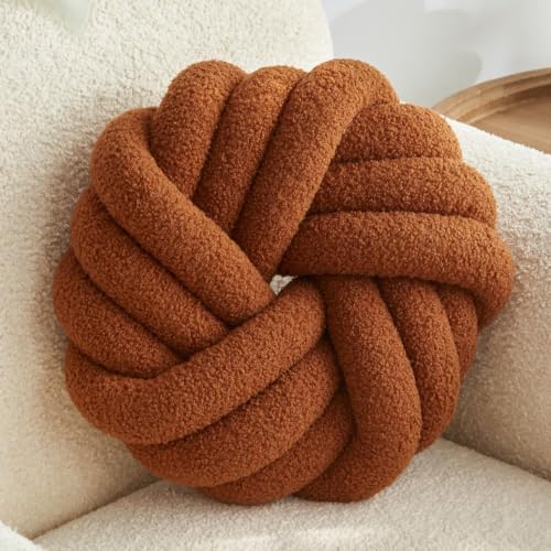 Knot Pillow,Brown Decorative Pillows 13.7" | Round Throw Pillow,Boucle,PP Cotton Fill,Knotted Design,Simple Modern,Nordic Style,for Couch Sofa Bedroom - color: Brown