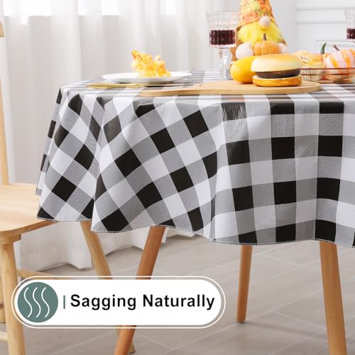 Round Waterproof Vinyl Table Cloth, Buffalo Flannel Backed Tablecloth, Wipeable Plastic Table Cover for Dinner, Kitchen, Picnic (60", Black and White) - color: Black and White, size: 60" (Round)