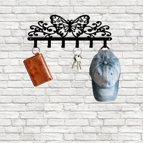 Butterfly 6‑Hook Black Metal Wall Rack, Entryway Organizer for Keys Coats Hats Towels Decor