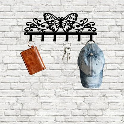 Butterfly 6‑Hook Black Metal Wall Rack, Entryway Organizer for Keys Coats Hats Towels Decor