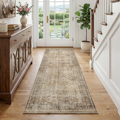 FMFUNCTEX 2x6 Washable Hallway Runner Rug Brown Vintage Distressed Non Slip | Oriental Retro Traditional Faded Soft Low Pile Indoor Thin Carpet Entryway Kitchen Laundry Bedroom Bathroom Entrance Bedside - color: Brown, size: 2' x 6' (Rectangular)
