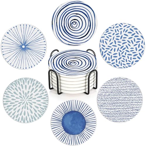 Drink Coasters Set of 6 with Holder, Blue Watercolor Series Absorbent Ceramic Coasters with Cork Base,Fit All Cups,Great Gift for Housewarming,Room Decor,Bar,Holiday Party - color: Blue Watercolor Series