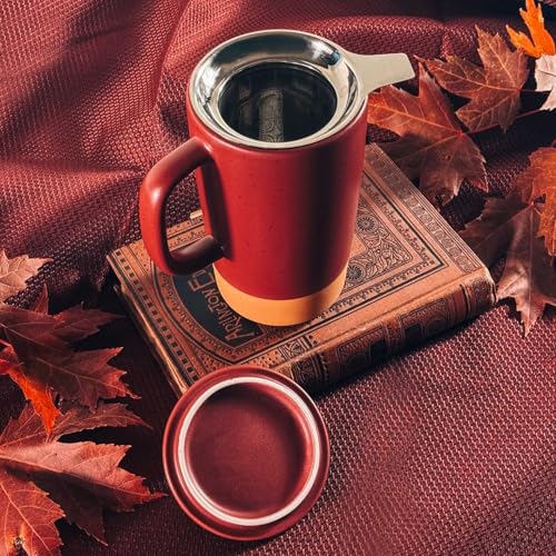 Mora Ceramics Large Tea Mug with Loose Leaf Infuser and Ceramic Lid, 18 oz, Portable, Microwave and Dishwasher Safe, Tall Coffee Cup - Rustic Matte Ceramic Glaze, Modern Herbal Tea Strainer, Merlot - color: Merlot