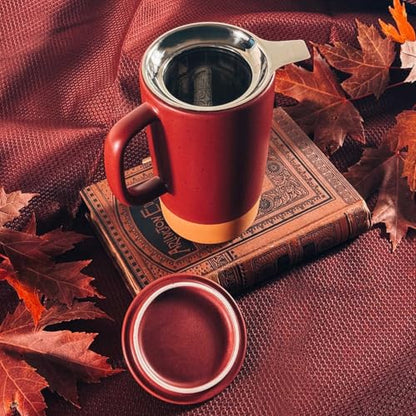 Mora Ceramics Large Tea Mug with Loose Leaf Infuser and Ceramic Lid, 18 oz, Portable, Microwave and Dishwasher Safe, Tall Coffee Cup - Rustic Matte Ceramic Glaze, Modern Herbal Tea Strainer, Merlot - color: Merlot