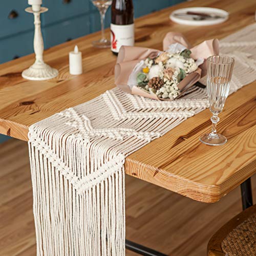 Mkono Macrame Table Runner, 100 Inches Boho Woven Dining Decor with Tassels | Handmade Soft Crochet Cotton, Farmhouse Home Placemat, Fits 78-90 Inch Table, Great for Thanksgiving Christmas Party Wedding