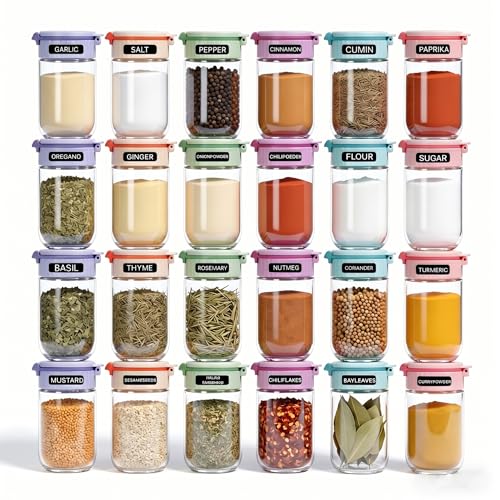 Newly Upgraded 24 Pcs Glass Spice Jars Set with Labels, 4oz Macaron Color Lids, Dual-Purpose Flip Cap, BPA-Free Empty Spice Containers for Kitchen Organization