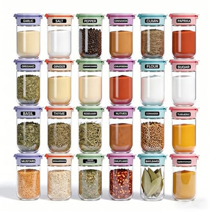 Newly Upgraded 24 Pcs Glass Spice Jars Set with Labels, 4oz Macaron Color Lids, Dual-Purpose Flip Cap, BPA-Free Empty Spice Containers for Kitchen Organization