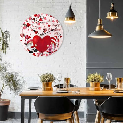 Happy Valentine's Day Silent PVC Wall Clock 12 Inch Gnomes Round Wall Clock Red Love Heart Tree Hanging Clock for Kitchen Non Ticking Battery Operated Living Room Pink Mute Clock - color: Gnomecbt5750, size: 12x12inch(30x30cm)