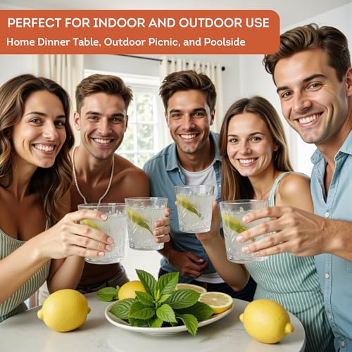 Lily's Home Unbreakable Premium Drinking Glasses Set of 4, Plastic Cups, Reusable Drinkware, Tumblers Water Cups, Shatterproof & Stackable, Indoor & Outdoor, 3.5in×3.9in, 13.5oz. Made in Taiwan. - size: 13.5 Ounces (Crystal)