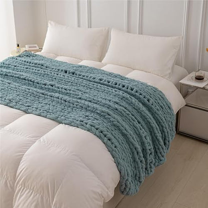 Chunky Knit Blanket Throw for Couch 50"×60" Turquoise | 100% Handmade Knitted Throw Blanket Fluffy Soft Blanket with Jumbo Chenille Yarn Thick - color: Turquoise, size: 50"*60"
