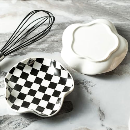 Miamolo Spoon Rest for Stove Top, 5.3in Checkered Spoon Holder Utensil Rest, Ceramic Spoon Rests for Coffee Bar, Kitchen Gadget Cooking Gift for Housewarming - Heat Resistant & Dishwasher Safe - color: Black & White Pattern