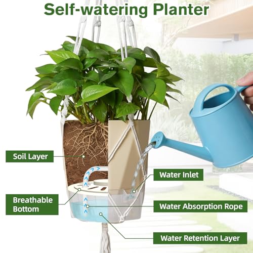 MIPON 3 Size Self Watering Hanging Planters with Macrame Plant Hanger | 2-in-1 Desktop & Hanging Baskets, With Drainage, Indoor Outdoor Plants, Boho Home Decor