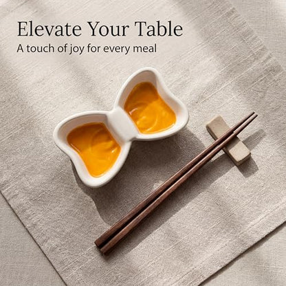Dipping Bowls, 2-Compartment, 2-Pack, Yellow | Butterfly-shaped ceramic cups keep dips apart in separate wells; 3 oz dishes serve sushi, snacks, condiments, and appetizers. - color: Yellow