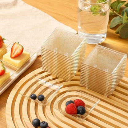 300 Pcs Mini Gold Glitter Clear Dessert Plates 1oz Disposable Appetizer Trays Bulk Small Square Plastic Dish for Party Birthday Wedding Tasting Serving Cake Salad Fruit Sauce Snack, 2.4 Inch - style: Gold Glitter Clear