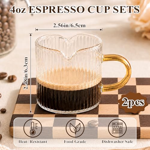 4OZ Glass Espresso Shot Cups Set with Gold Handle, Coffee Bar Accessories | Set of 2, double spouts cup clear milk cup