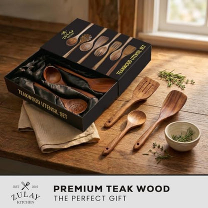 Zulay Kitchen 9-Piece Teak Wooden Utensils for Cooking - Natural Teak Utensil Set with Premium Gift Box - Non-Stick Wooden Spoons for Cooking - Kitchen Gift Set - Comfortable Grip Wooden Utensil Set - size: 9 Piece | Gift Box