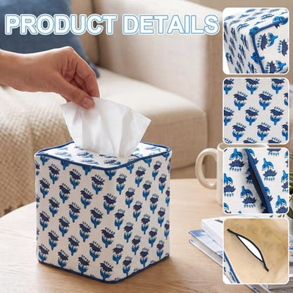 Blue Fabric Tissue Box Cover - Floral Print Tissue Box & Decorative Square Napkin Holder Handmade Cotton for Home Bedroom Vanity Countertop Night Stands Office (Dark Blue) - style: Dark Blue