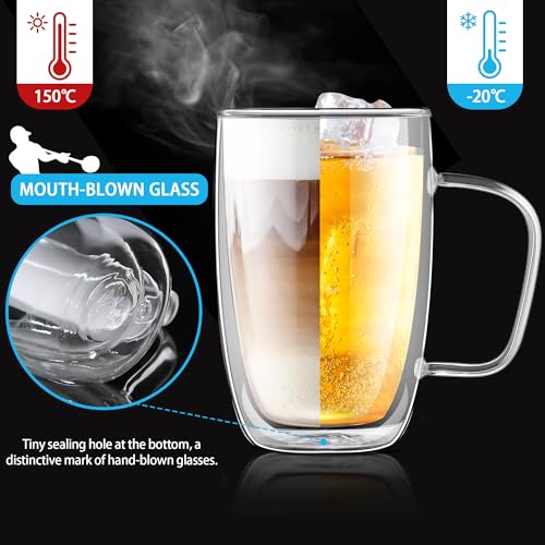 Joeyan Large Clear Double Walled Glass Coffee Mugs 16 oz, Double Layer Tea Latte Cappuccino Glasses Cups with Handle, Double Lined Insulated High Borosilicate Glassware for Hot Drinks, Set of 2 - color: 500ml-Clear