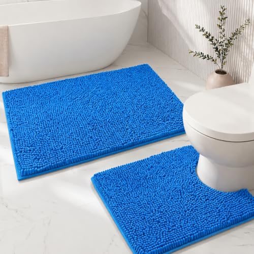 Bathroom Rugs Sets 2 Piece,Super Absorbent Soft,Thick,Machine Washable Chenille Bath Mat,Non Slip Toilet Floor Rug,Bath Mats for Bathroom,20x32 Plus 20x20 U Shape,Calm Blue - color: Calm Blue, size: 1'8" x 2'8" (20x32''+20x20''U shape)
