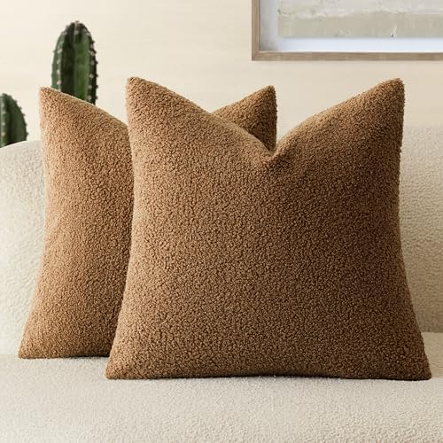 Foindtower Pack of 2, Curly Faux Fur Decorative Throw Pillow Covers Soft Fuzzy Plush Cushion Case with Zipper Cozy Pillowcase for Home Living Room Couch Bed Sofa 16 x 16 Inch,Dark Bronze - color: Sudan Brown, size: 16" x 16" (Pack of 2)