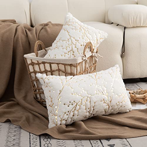 LIGICKY Set of 2 Decorative Lumbar Pillows Fluffy White Fur Pillow Coves Gold Branches Glitter Throw Pillows Soft Furry Sparkling Rectangle Cushion Cases for Sofa Bedroom Party Décor 12x20inch - color: White Gold, size: 20" x 12" (Pack of 2)