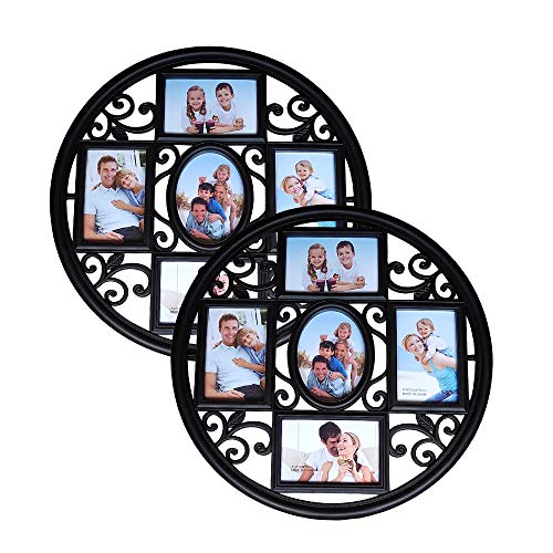 MKUN 2Pack of 4x6 Wall Photo Collage Frames - Round Circular Circle Wall Hanging Picture Collage Frame with Leaf Decoration, 5- Opening (Black) - color: Black