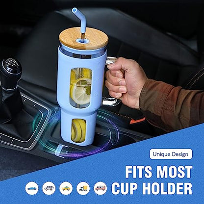 WINSA Glass Tumbler with Lid and Straw, 46 oz, Glacier | Iced Coffee Cup with Handle, Large Water Bottle with Silicone Sleeve, Pearl Straw & Drinking Straw, BPA Free - color: Glacier, size: 46 Ounces