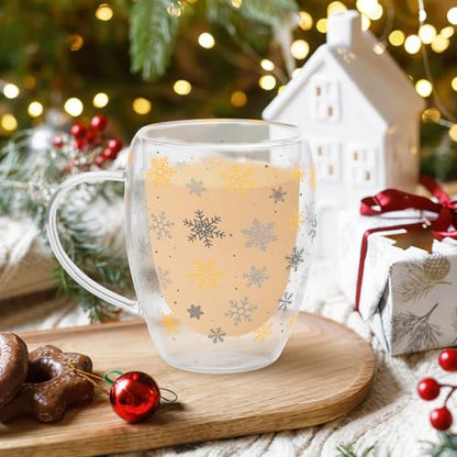 JarThenaAMCS Christmas Double Wall Glass Coffee Mugs 12Oz Gold Silver Snowflake Insulated Glasses Clear Espresso Cups with Handle for Winter Xmas Holiday Supplies, Set of 2 - style: Gold Silver Snowflake