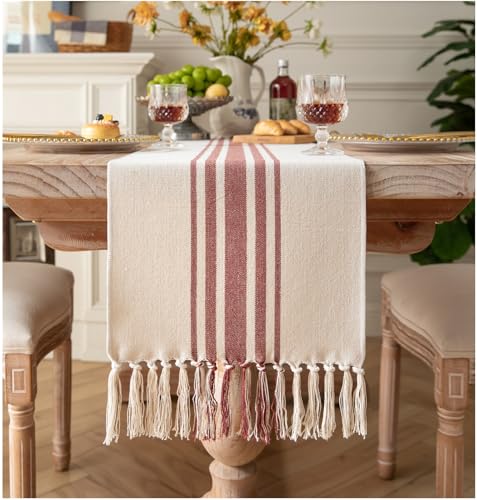 Boho Table Runner for Modern Farmhouse Fall Decor, Dining Table décor 13 x 90 Inch Long with Handcrafted Tassels, Rust and Beige Stripe Table Runner for Home Boho décor - color: Rust Beige, size: 13x90Inch