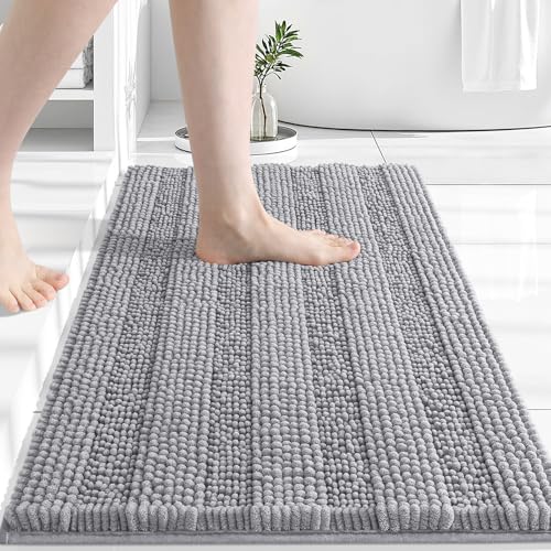 Grandaily Chenille Striped Bathroom Rugs 36x24, Extra Thick and Absorbent Bath Mats, Non-Slip Soft Plush Shaggy Shower Carpet, Machine Wash Dry, Bath Rug for Bathroom, (Large, Light Grey) - color: Light Grey, size: 36" X 24"