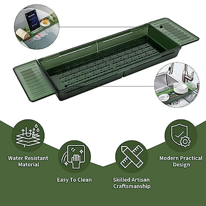 Expandable Bathtub Tray, Adjustable Bathtub Caddy Tray Bathtub Caddy for Luxury Bath, Multifunctional Bathtub Storage Rack for Book Wine Glasses Phone Bath Products, with Anti-Slip mat. - color: Green