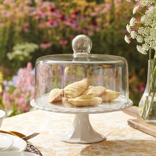Lenox French Perle White Stoneware Cake Stand with Dome | Dishwasher safe | 2-piece, with dome cover | 11 inch, gift for women, cupcake stand, elegant entertaining - style: Cake Plate