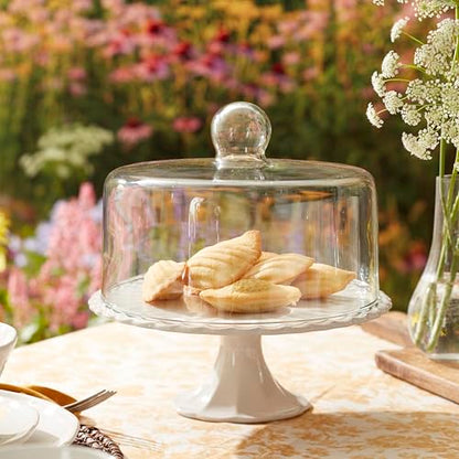 Lenox French Perle White Stoneware Cake Stand with Dome | Dishwasher safe | 2-piece, with dome cover | 11 inch, gift for women, cupcake stand, elegant entertaining - style: Cake Plate
