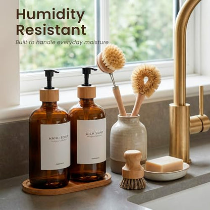 MaisoNovo Glass Dish Soap Dispenser for Kitchen Set of 2-16.9oz Amber Dish and Hand Soap Dispenser Set for Kitchen - Amber Glass Bottles x 2 with Black Bamboo Pumps & Tray - color: Amber Bottles/Black Bamboo Pumps