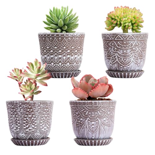 Gepege Ceramic Succulent Pots, 4 Inch Small Plant Pots with Drainage | Ceramic succulent pots with drainage holes, ceramic saucers and mesh pads, set of 4, ideal for cactus and succulents - color: Clay+white, size: 4 Inch - Set of 4