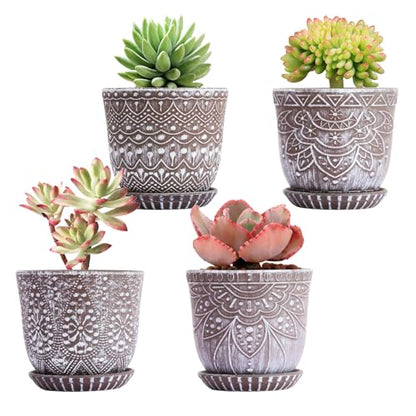 Gepege Ceramic Succulent Pots, 4 Inch Small Plant Pots with Drainage | Ceramic succulent pots with drainage holes, ceramic saucers and mesh pads, set of 4, ideal for cactus and succulents - color: Clay+white, size: 4 Inch - Set of 4