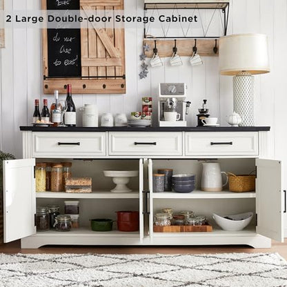 66" Farmhouse Buffet Cabinet with Storage, Sideboard Credenza, Carved Cloud-Inspired Doors, 3 Drawers & Adjustable Shelves, Coffee Bar Cabinet, Off White - color: Off White