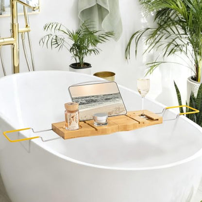 Dreamland Bamboo Bathtub Tray Caddy | Light bamboo material, cross tub design, bathroom bath supplies storage - color: Bamboo Natural - B, size: Medium