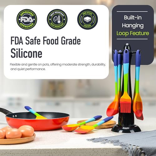11-Piece Rainbow Silicone Spatula Bundle with Holder & Measuring Spoons – Multicolor Heat-Resistant Cooking Utensils for Nonstick Cookware – Flexible Turner, Spoon, Spatula, Brush, FDA Safe