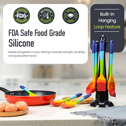 11-Piece Rainbow Silicone Spatula Bundle with Holder & Measuring Spoons – Multicolor Heat-Resistant Cooking Utensils for Nonstick Cookware – Flexible Turner, Spoon, Spatula, Brush, FDA Safe