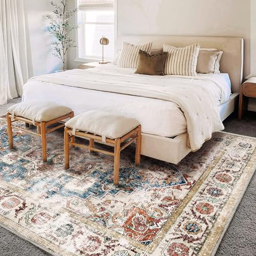 CHAMPLANT Washable Area Rug 9'x12' Beige Blue Boho Chic Medallion Distressed Design Non-Shedding Easy Care Ideal for High Traffic Areas in Living Room Bedroom Office Coffee Table Large Carpet - color: Beige and Blue, size: 9' x 12' (Rectangular)