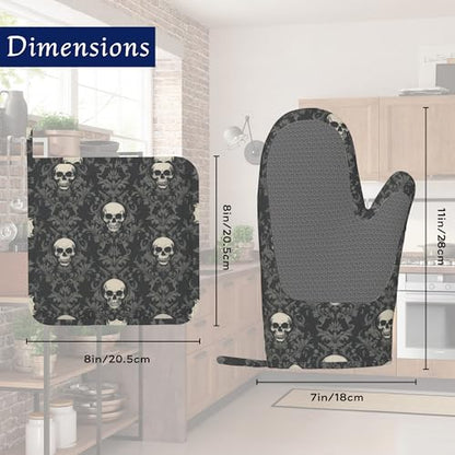 Gothic Black Skull Pot Holders and Oven Mitts Set Silicone Halloween Skulls Kitchen Gloves Potholders Heat Resistant Washable,Chef Cooking Baking Gifts for Women Men Bakers Lover Cooks - color: Gothic Black Skull,halloween Skulls