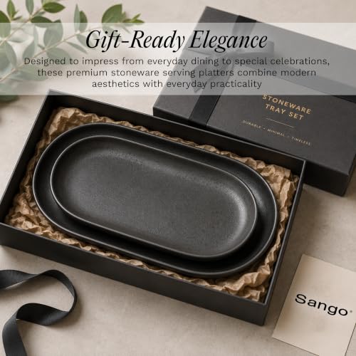 SANGO Anderson Serving Platters Set of 2, 14/12 Inch Stoneware Serving Dishes for Entertaining, Semi-Matte Party Serving Trays for Food, Buffet Oval Platters for Bread, Appetizer, Cheese, Matte Black - color: Black