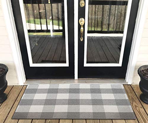 LEVINIS Grey Buffalo Check Rug 2' x 3' - Cotton Washable Hand-Woven Checkered Plaid Outdoor Rug for Front Porch Entry Way Kitchen Bathroom Bedroom Door Mat - color: Grey and White Plaid, size: 1'11" x 2'11" (Rectangular)