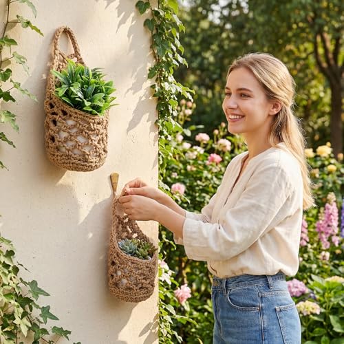 6 Pcs Macrame Hanging Planter Set - 3 Small (5.3"x9") & 3 Mini (4.3"x7.9") Boho Wall Mounted Cotton Baskets for Indoor Plants, Linen Color, Plants & Pots Not Included