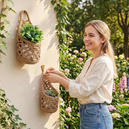 6 Pcs Macrame Hanging Planter Set - 3 Small (5.3"x9") & 3 Mini (4.3"x7.9") Boho Wall Mounted Cotton Baskets for Indoor Plants, Linen Color, Plants & Pots Not Included