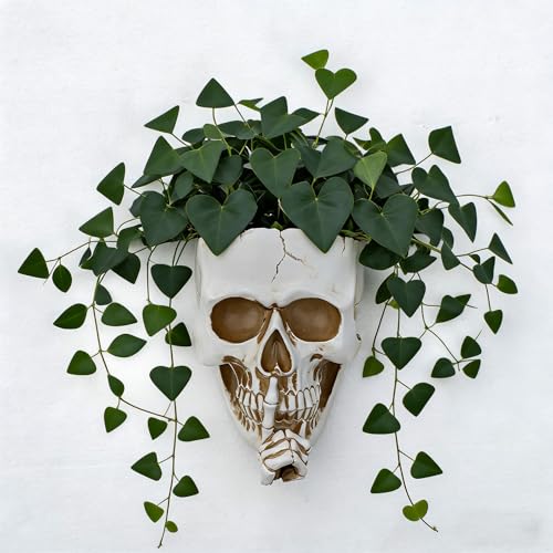Skull Planter Gothic Wall Decor, Unique Wall Planter Pot for Indoor Outdoor Plants, Day of The Dead Decor,Skull Vase with Drainage Hole, Spooky Skeleton Decorations for Home, Halloween(White) - color: Don't Speak White